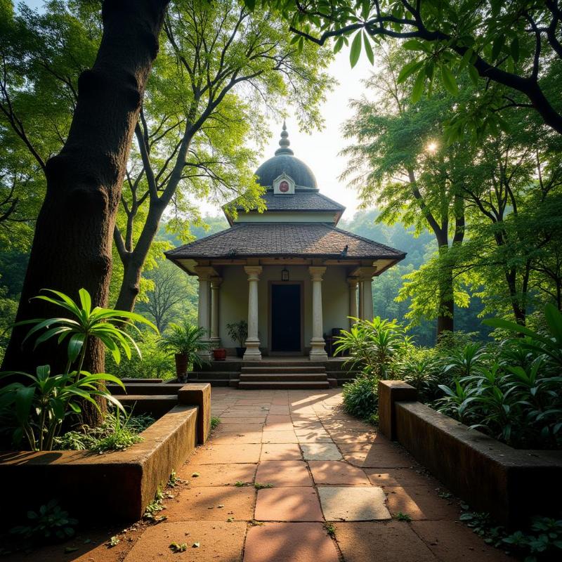 A serene view of a temple in Mangalore, surrounded by lush greenery and a peaceful atmosphere.