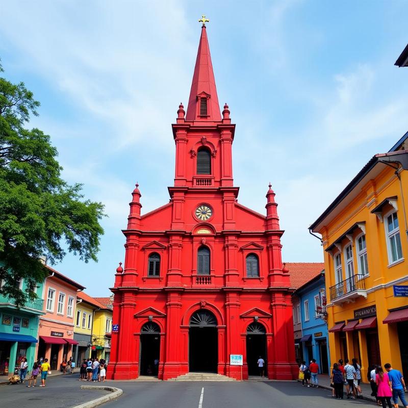 Historic Christ Church in Melaka with colorful buildings lining the street