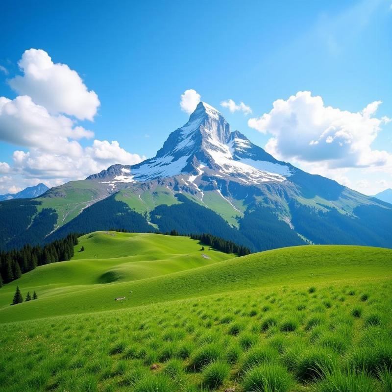 Panoramic view of Mount Titlis in summer with green meadows and blue sky.