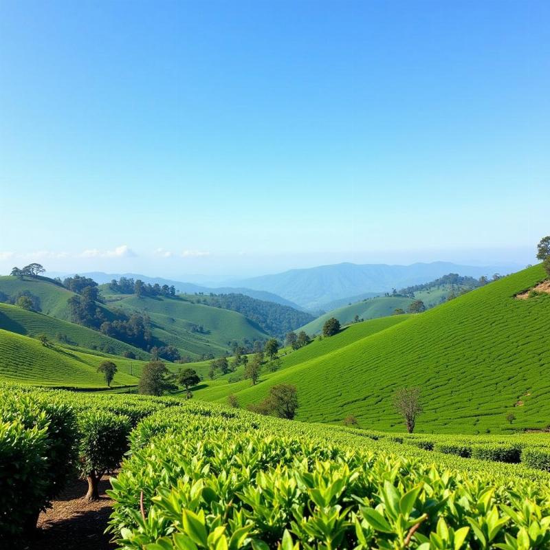 Scenic view of lush tea plantations covering the rolling hills of Munnar, Kerala, India