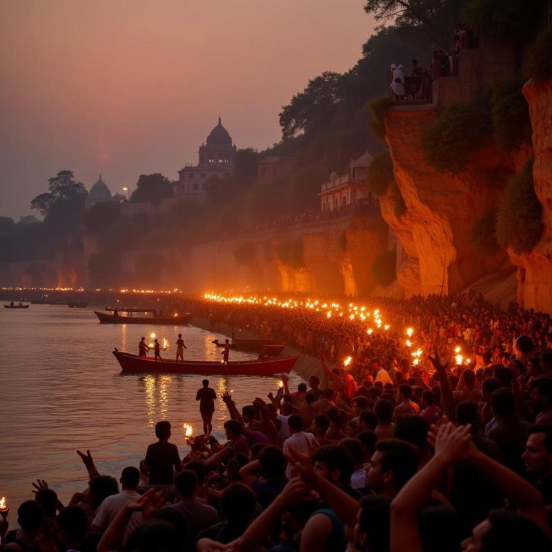 Evening Ganga Aarti ceremony at the Ghats of Varanasi