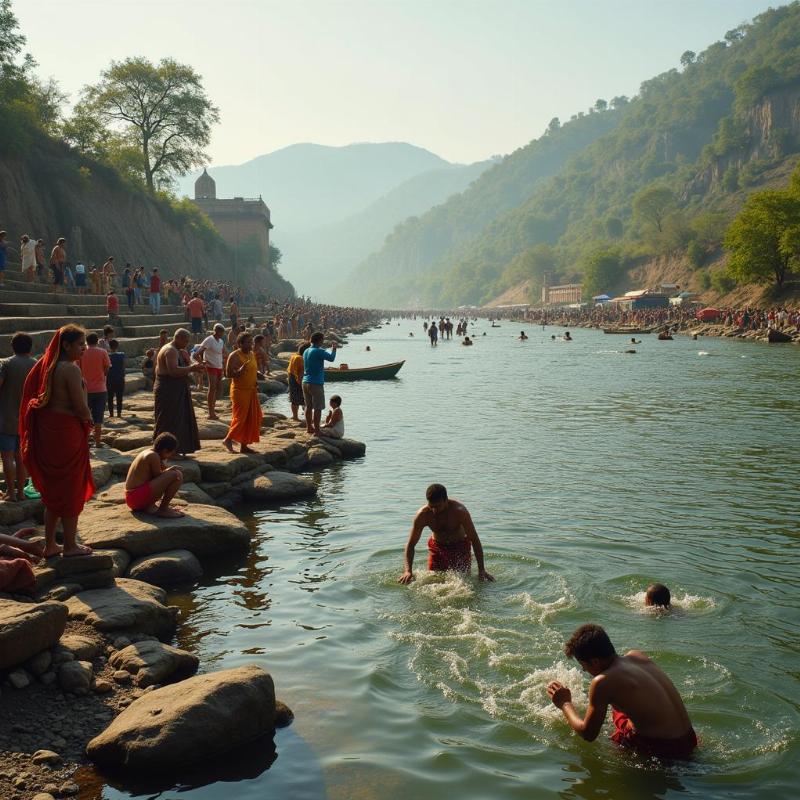 Narmada Udgam Amarkantak: Pilgrims gather at the sacred source of the Narmada River in Amarkantak.