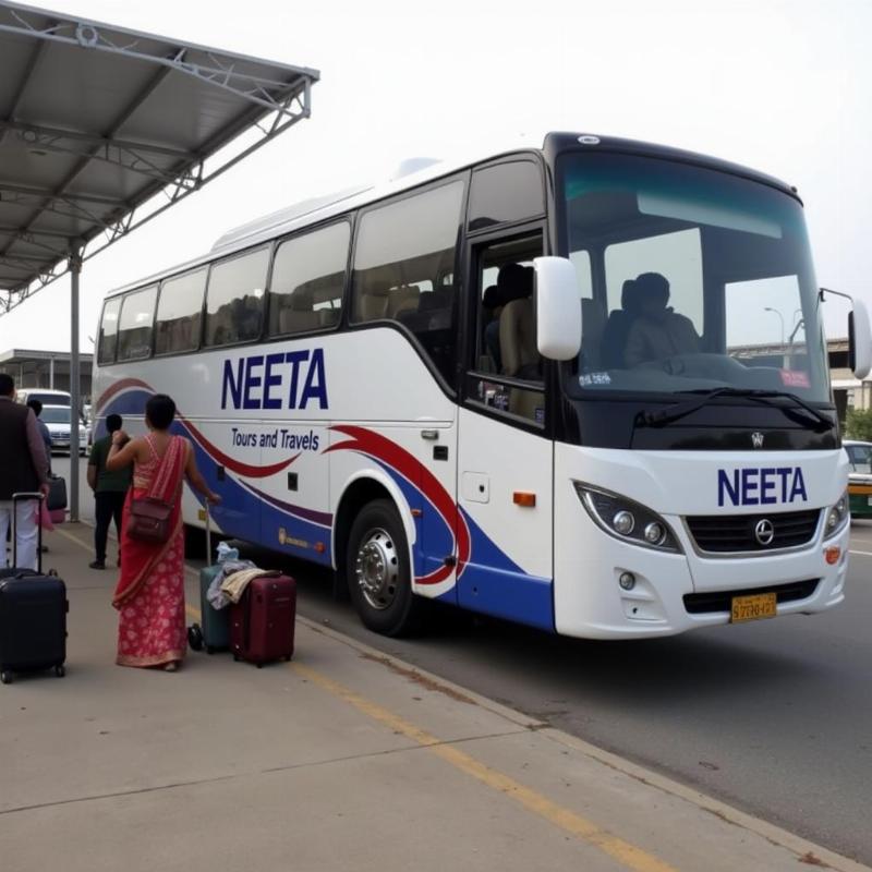 Neeta Tours and Travels bus in Jamnagar, Gujarat, ready to depart for a journey across the state.