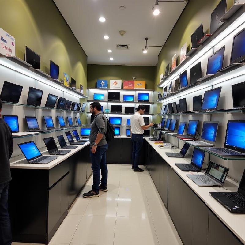 Inside a laptop shop in Nehru Place with various models on display