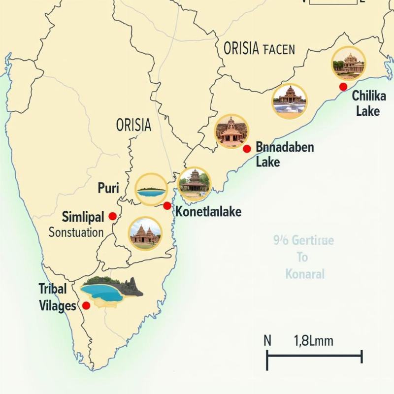 Orissa Tourist Map showing major destinations