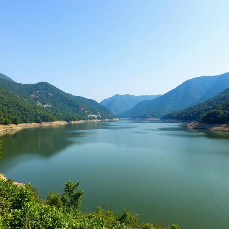 Panshet Dam showcasing serene waters surrounded by rolling hills.