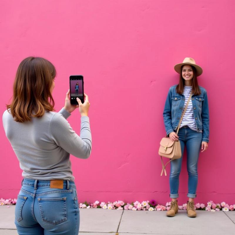 Taking Photos at a Pink Wall