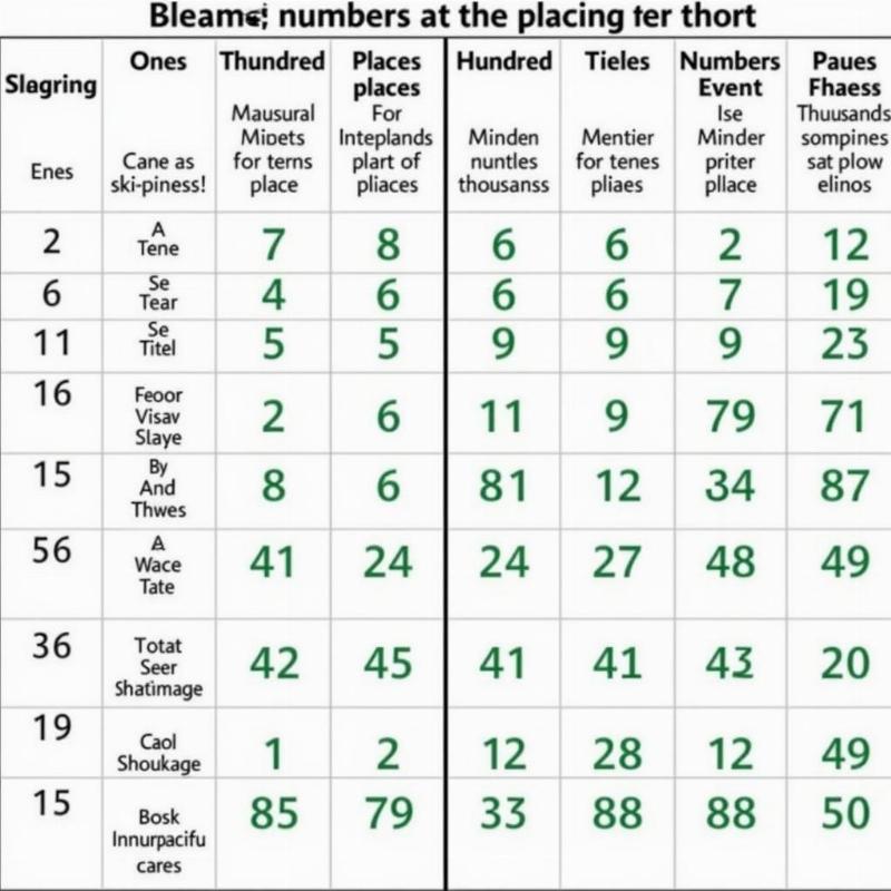 A detailed place value chart showing ones, tens, hundreds, and thousands