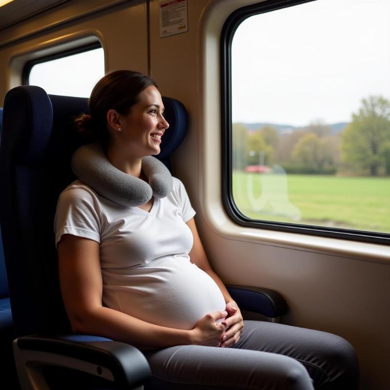 Pregnant woman comfortably seated on a train, looking out the window.