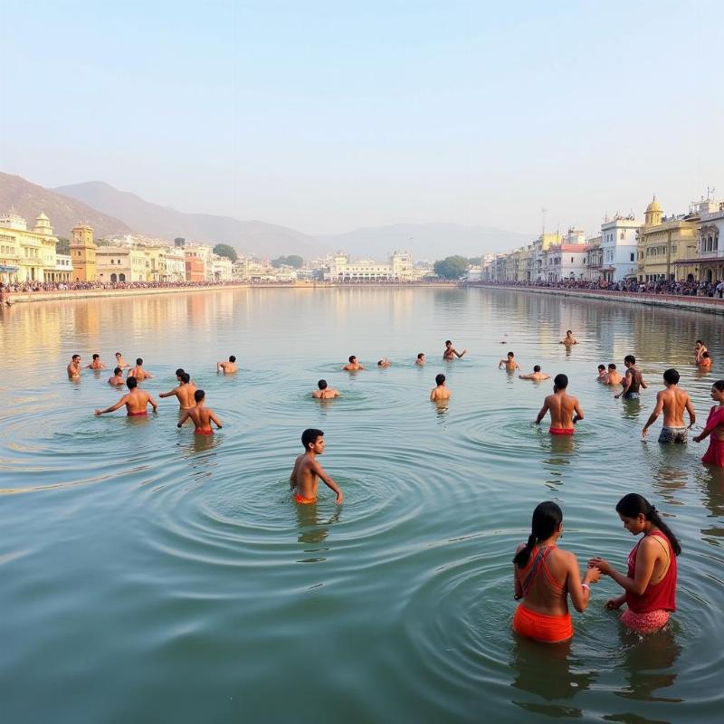 Pushkar Lake near Ajmer: A serene view of the holy lake with devotees taking a dip in its purifying waters, surrounded by temples and ghats.