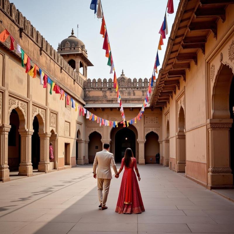 Couple exploring a majestic fort in Rajasthan