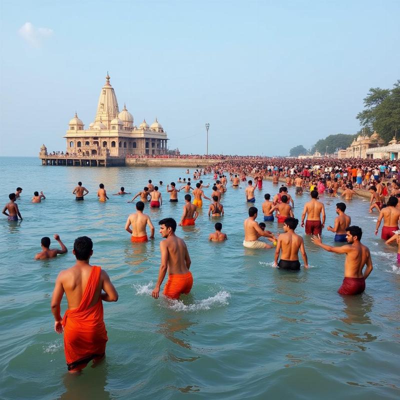 Pilgrims bathing at Agnitheertham, Rameshwaram