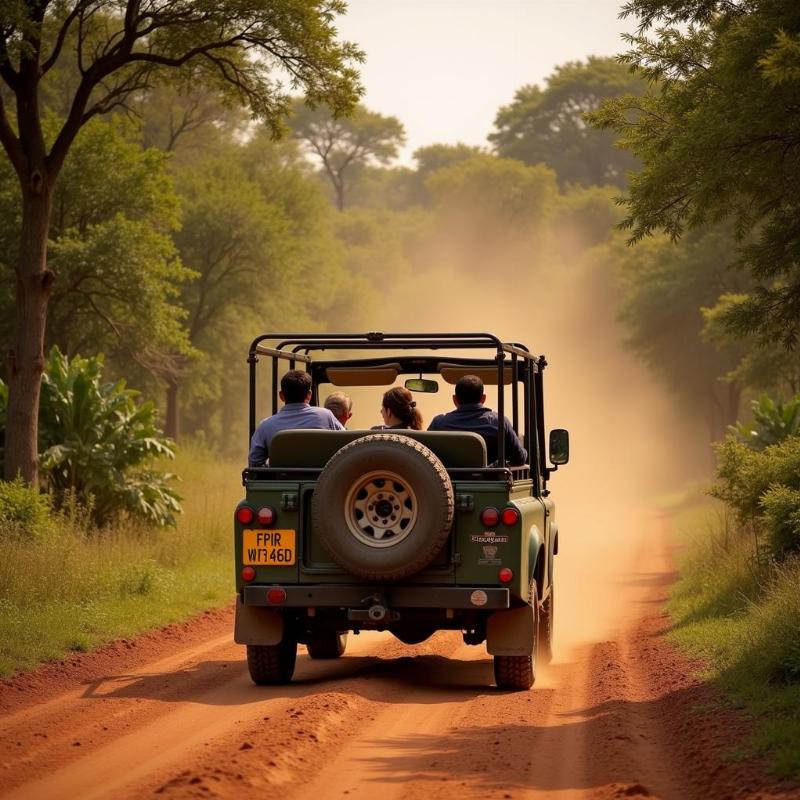 Sasan Gir National Park Jeep Safari: Tourists embarking on a thrilling jeep safari in Sasan Gir National Park, hoping to spot the elusive Asiatic lion in its natural habitat.