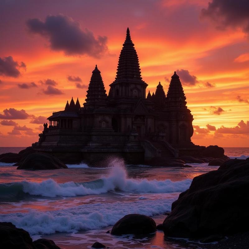 Shore Temple at Mahabalipuram at sunset with dramatic sky