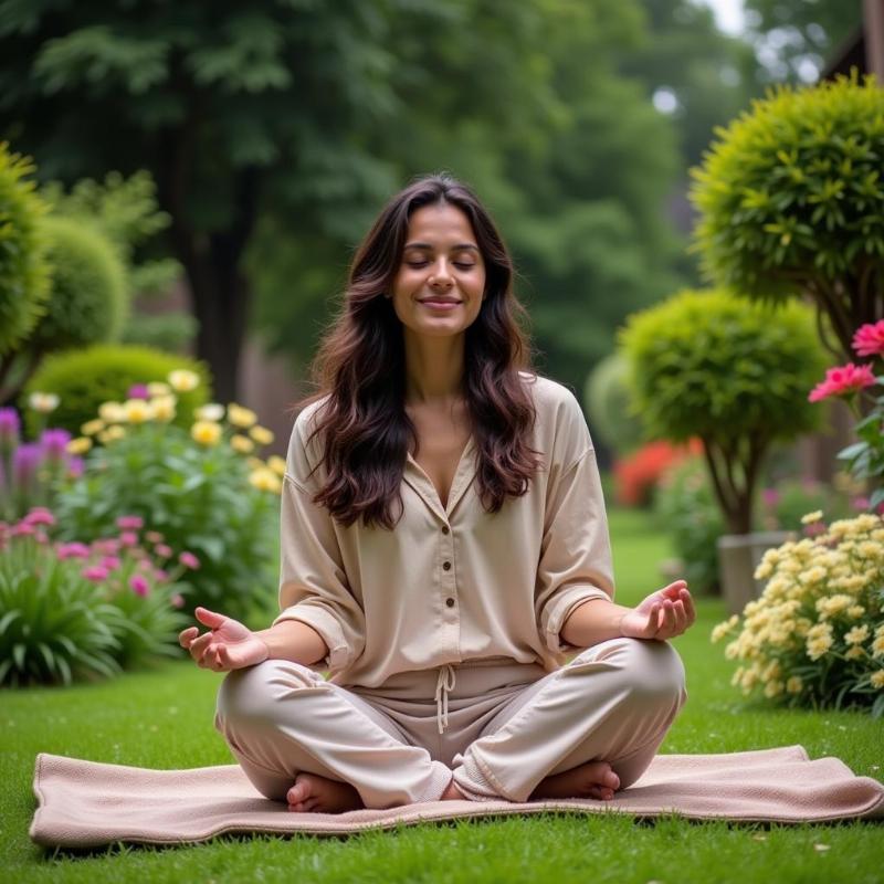 Solo traveler meditating in a peaceful Indian garden