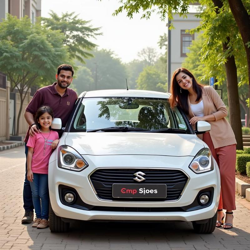 A family standing next to their new Swift Dzire Tour CNG in Ghaziabad