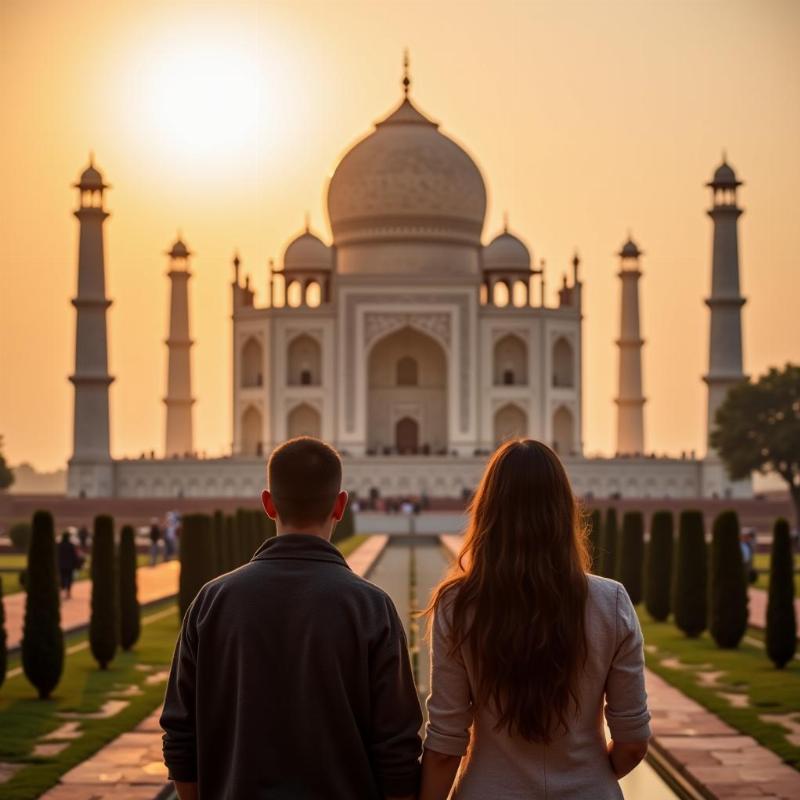 Couple admiring the Taj Mahal at sunrise