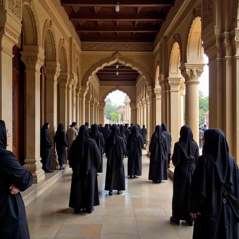 Visitors dressed respectfully inside a temple