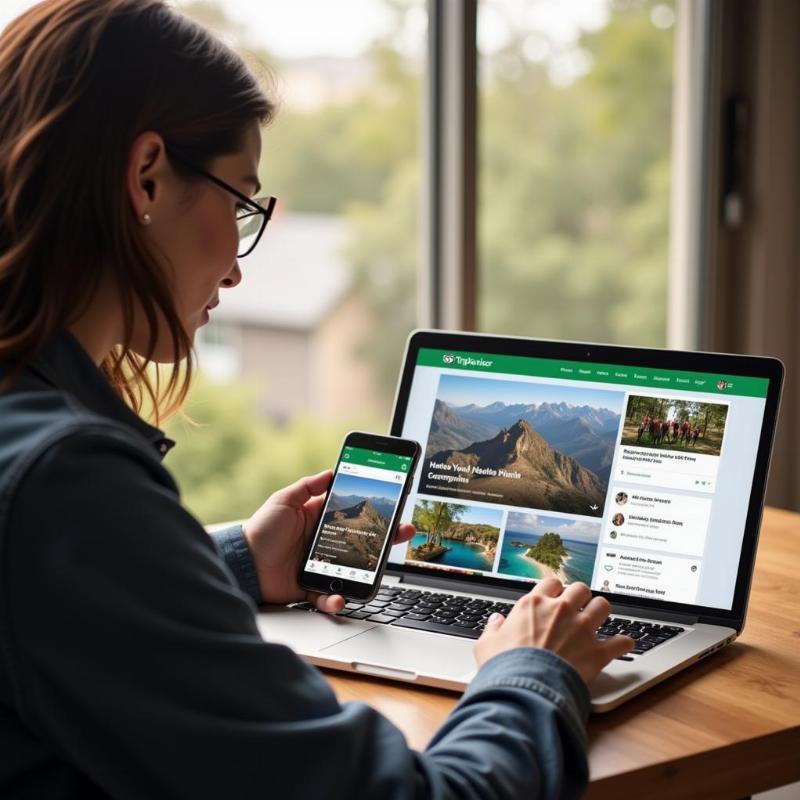 Traveler using a laptop or smartphone to search for tour guides online