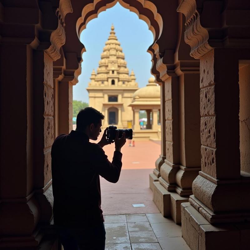 Trimbakeshwar Temple Nashik Photoshoot: A photographer capturing the intricate carvings and ancient architecture of the temple with a wide-angle lens, focusing on the details and the serene atmosphere.