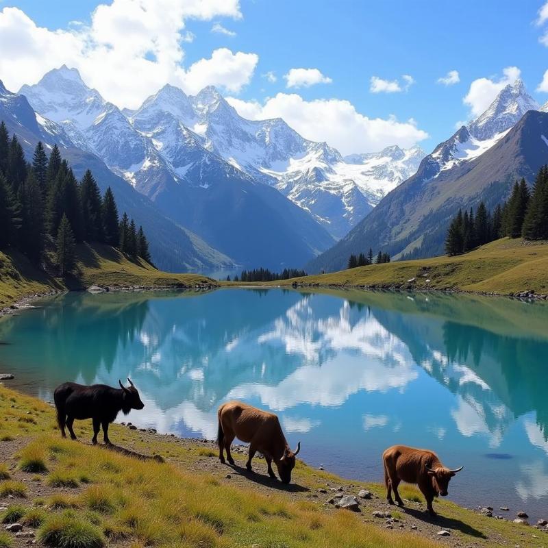 Tsomgo Lake with snowy mountains in the background