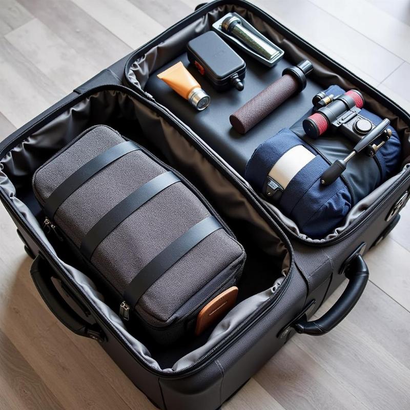 Travel shaving kit bag packed inside a suitcase