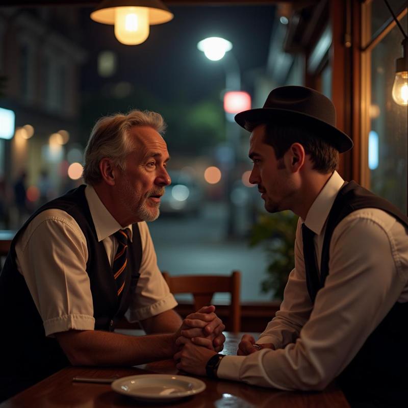 Two waiters talking in a cafe