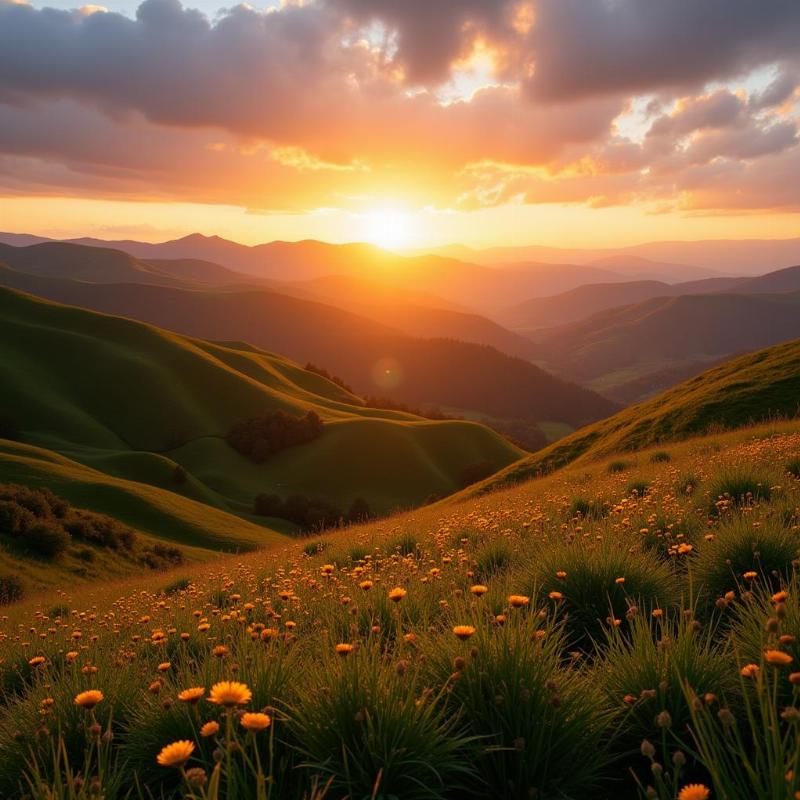 Sunrise over the rolling hills of Vattavada