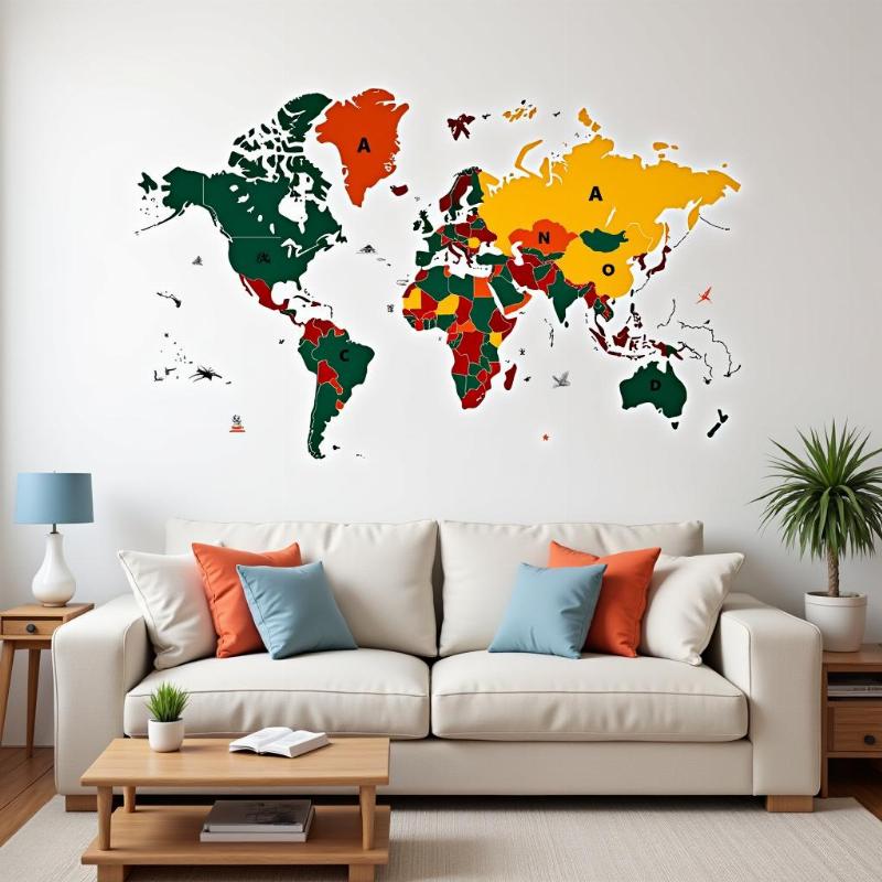 World map wall sticker in a living room