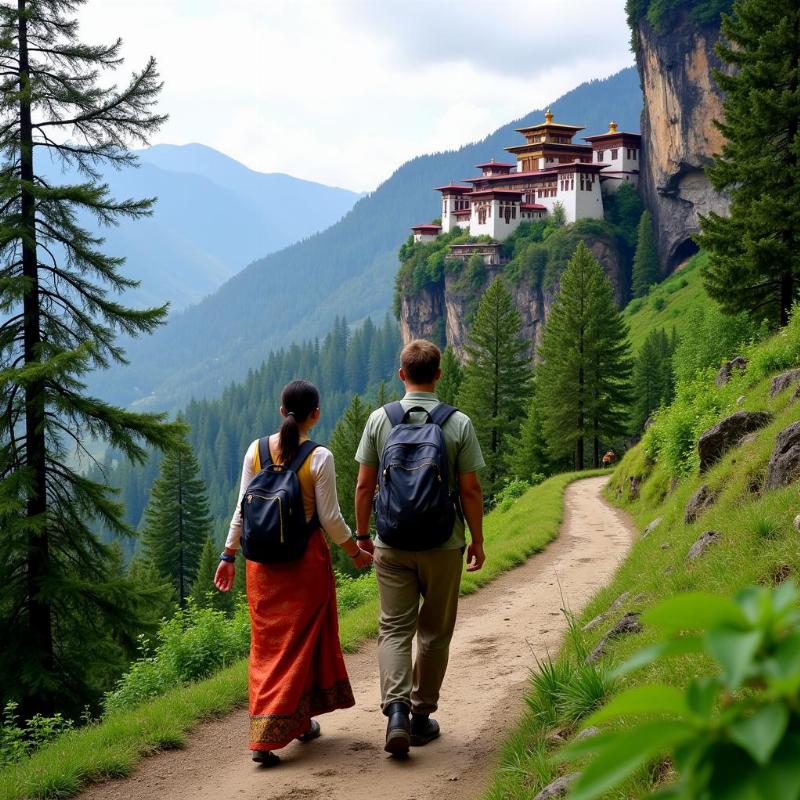 Couple Trekking to Tiger's Nest Monastery in Bhutan