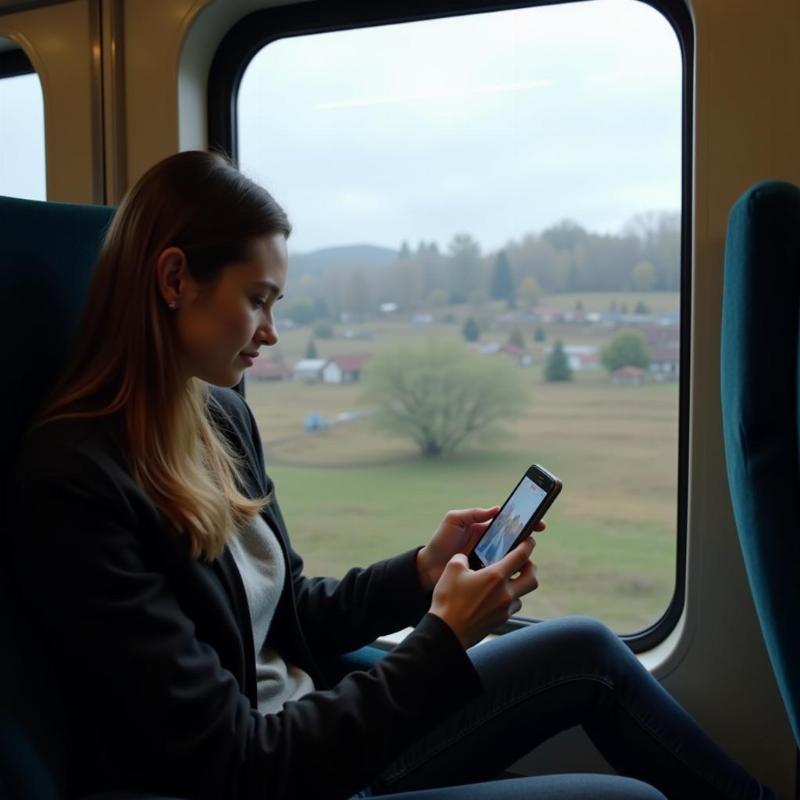 Person playing a game on their phone on a train