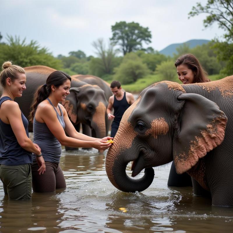 Dubare Elephant Camp: Tourists interacting with elephants at the camp, participating in bathing and feeding activities.