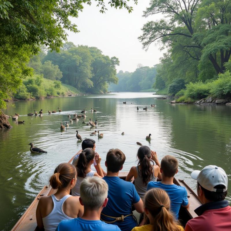 A group of tourists on a boat spotting various bird species and other wildlife along the banks of the Godavari River.