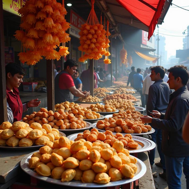 Haridwar street food vendors selling kachori and samosa.