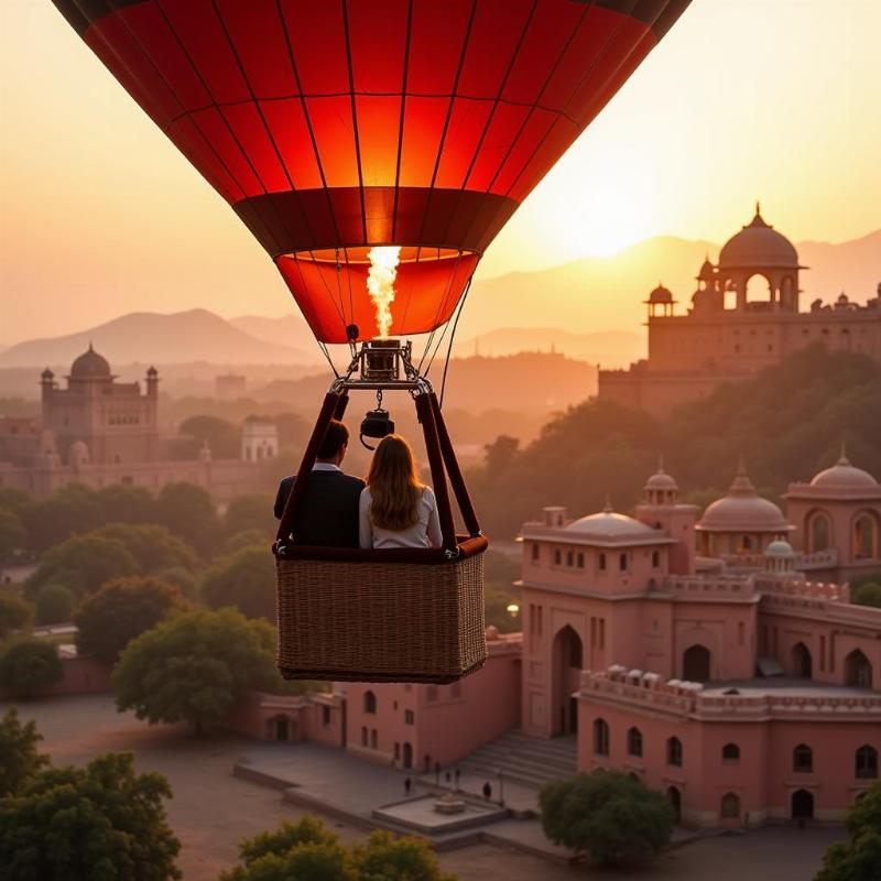 Couple enjoying a hot air balloon ride over Jaipur