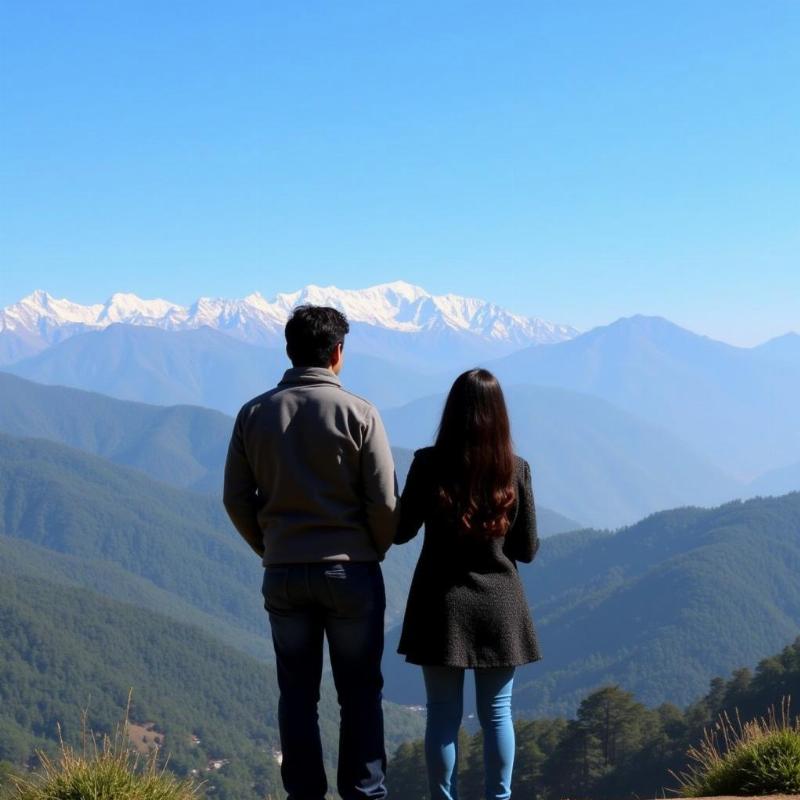 Couple enjoying the scenic view of the Himalayas from Mussoorie