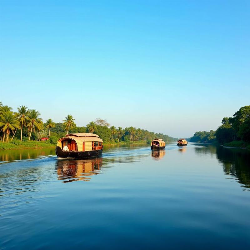 Serene backwater view at Poothotta, Kerala, with traditional houseboats and lush greenery