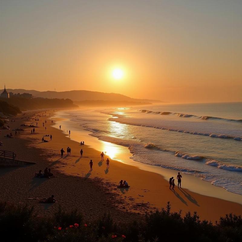 Golden sands of Puri beach at sunset